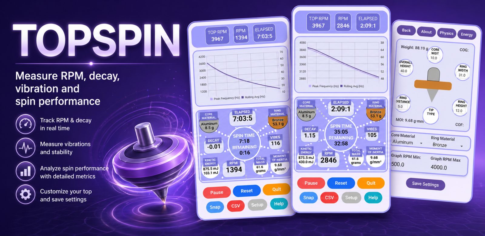 TopSpin app promotional graphic showing RPM, decay, vibration, spin performance, and app screens